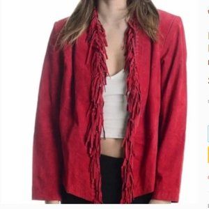 3BWest Women's Fringed Leather Jacket Red Suede Open Front